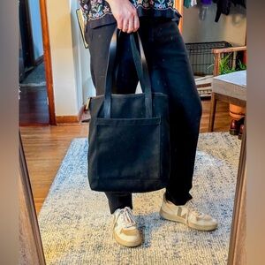 Everlane Black Denim Tote with Black Leather Straps